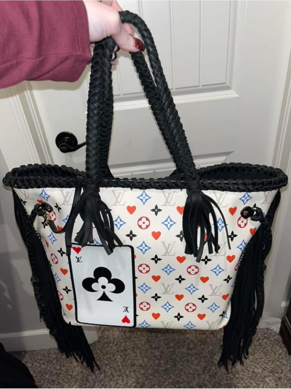 Louis Vuitton Game on White Multicolor Hearts & Monogram Tote with Black Fringe
